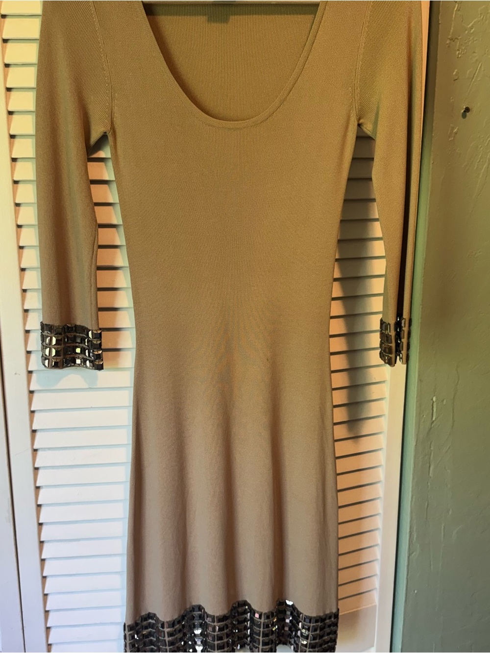 BCBGeneration Beige Long Sleeve Scoop Neck Dress with Metallic Trim